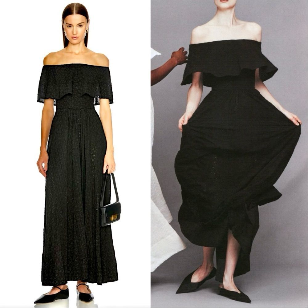 NWT Helsa Maxi Dress Black Embroidered Eyelet Petite Garden Off Shoulder size XS